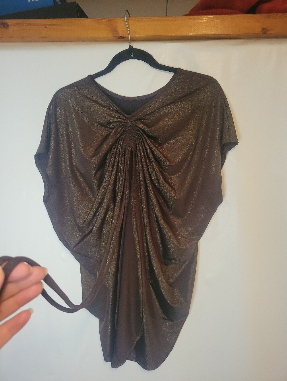 Shimmery Bronze Brown Drawstring Ruched Gather Pull Top With Side Tails